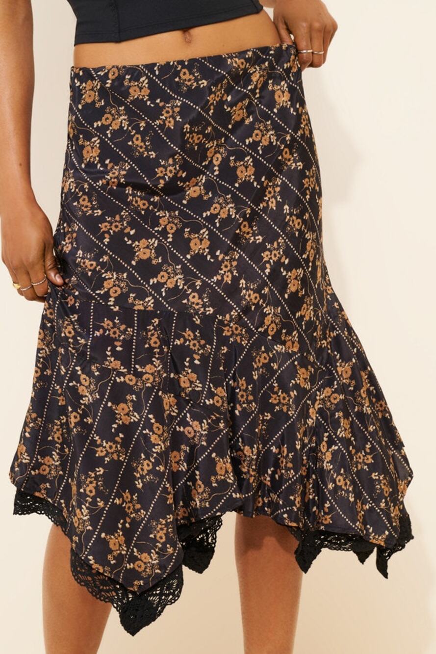 Free People Bali Sweet Escape Skirt NWT Black Floral Lace Satin Midi Asymmetric